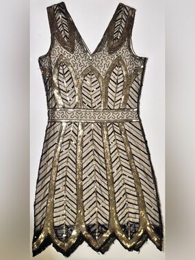 Embellished Gold & Black Sleeveless Party Dress
